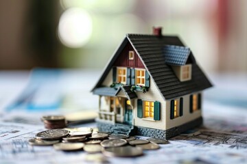 Casa en miniatura entre monedas y planos concepto inversion inmobiliaria