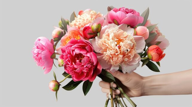 Woman's Hand Presenting a Vibrant Bouquet of Peonies