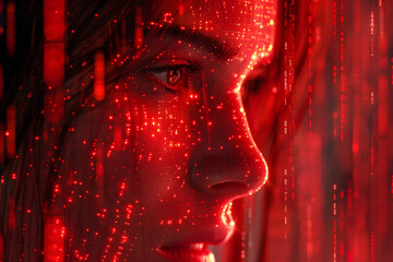 Womans Face Illuminated by Red Lights