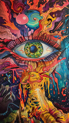 Psychedelic eye illustration, suitable for music album covers, contemporary art pieces, or visual design inspiration
