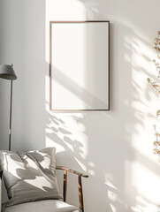 A minimalist interior with a hanging pendant light casting shadows on a wall with a framed blank canvas.