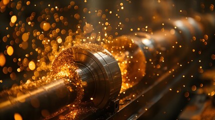 Refining the metalworking process: Perfecting the internal steel surface on a lathe grinder machine, with sparks flying. - obrazy, fototapety, plakaty