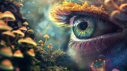 Surreal dreamy eye with vibrant mushroom fantasy, ideal for creative wallpaper or artistic inspiration. - obrazy, fototapety, plakaty