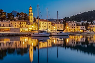 Deurstickers Bezaubernden adriatischen Stadt am türkisfarbenen Meer am Abend, Generative AI © pwmotion