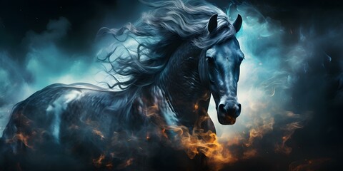 Obraz na płótnie Canvas Ethereal horse engulfed in blue flames set against a dark backdrop. Concept Ethereal Creatures, Fantasy Art, Blue Flames, Dark Backdrops, Horse Portraits