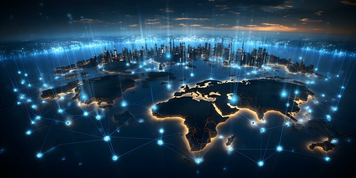 Digital Grid: A Futuristic Global Network Overlay on Earth's Surface. Concept Future Technology, Global Connectivity, Earth's Overlay, Digital Mapping, Grid Network