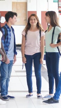 Group of high school multi ethnic teenagers walking in the school hallway. Vertical Video