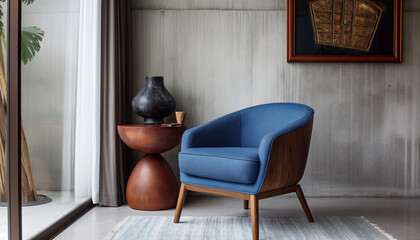 blue armchair and wood table against grey wall