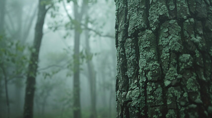 Green tree trunk in foggy forest - obrazy, fototapety, plakaty