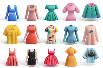 different 3d woman clothes icon illustration with rounded shape isolated on white background