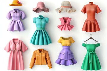 different 3d woman clothes icon illustration with rounded shape isolated on white background