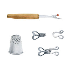 Hand drawn watercolor illustration sewing craft supplies. Clothing hook clasps, metal silver thimble, seam ripper tool. Set of objects isolated on white background. Design atelier, tailor, hobby shop