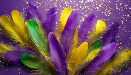 Plumage Paradise: Vivid Feathers on a Lavish Purple Canvas for Mardi Gras Designs"
