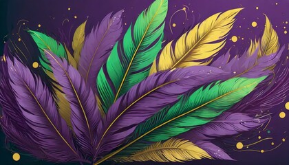 Plumage Paradise: Vivid Feathers on a Lavish Purple Canvas for Mardi Gras Designs"