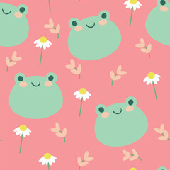 Seamless pattern with cute cartoon frogs and white flowers for fabric print, textile, gift wrapping paper. children's colorful vector, flat style