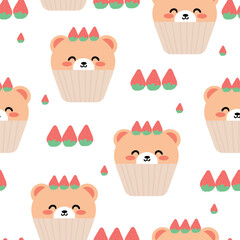 seamless pattern of cartoon bears and strawberry cake. cute animal wallpaper for textiles, gift wrapping paper