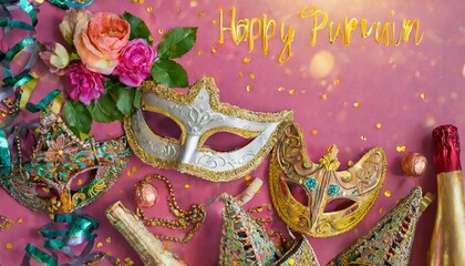Celebrating Purim: Festive Carnival Masks and Traditional Delights Adorn this Joyful Postcard"