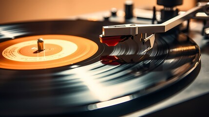 A close-up of a vinyl record spinning on a turntable, capturing the essence of music.