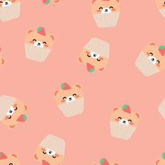 seamless pattern of cartoon bears and strawberry cake. cute animal wallpaper for textiles, gift wrapping paper