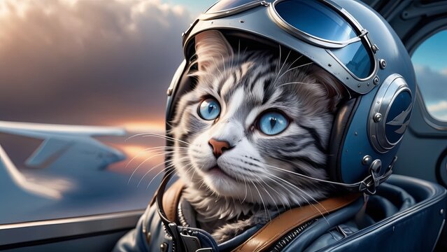 Ace Whisker at the Helm: Adventurous Tabby Cat Pilot in Sky