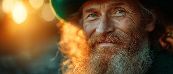 Naklejka premium Сlose-up portrait of a man in Traditional Irish hat of St. Patrick's Day.