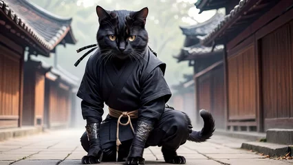 Fotobehang Shadow Paws: The Ninja Cat in Ancient Doj © giovanni