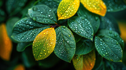 Fototapeta na wymiar Fresh Green and Yellow Leaves with Dew Drops Close-up