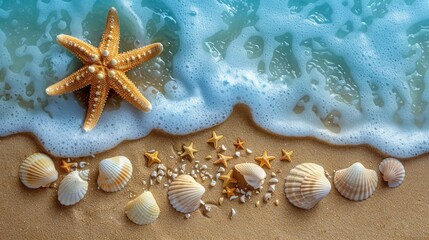 Fototapeta na wymiar Starfish, Shells, and Seashells on Sandy Beach