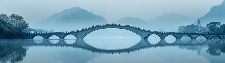 Sweeping Arch Bridge Over Tranquil Lake in Misty Mountain Setting - obrazy, fototapety, plakaty