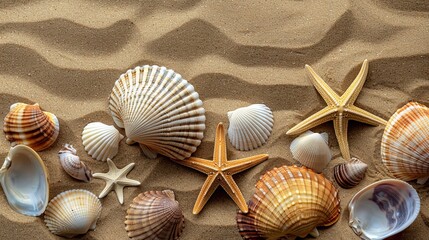 Fototapeta na wymiar Group of Seashells and Starfish on a Sandy Beach