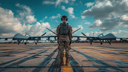 A soldier with a rucksack stands facing a lineup of military drones on an airfield, with the sun rising in the background.