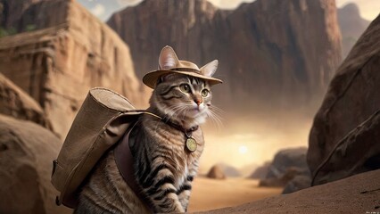 Feline Explorer: Adventure Awaits in the Canyon - obrazy, fototapety, plakaty