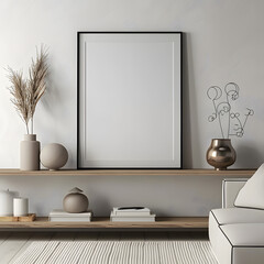 Mock up poster frame close up on shelf with decoration, 