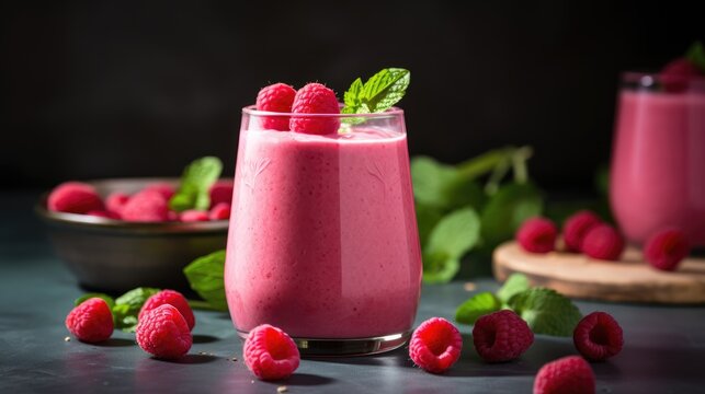 Smoothie in a glass of ripe raspberries on the table. A refreshing refreshing drink, a delicious snack and breakfast. A healthy organic drink. Proper nutrition and diet.