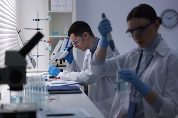 Scientists working with samples in laboratory. Medical research