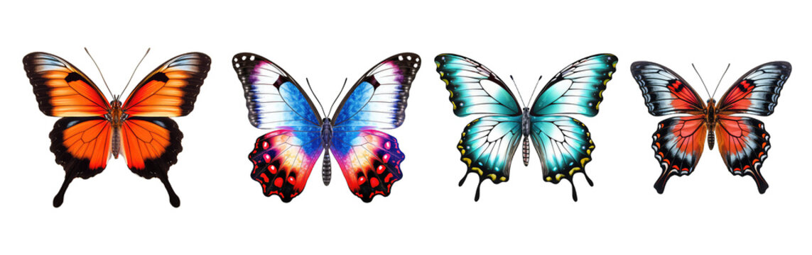 multicolored butterflies set isolated on transparent background