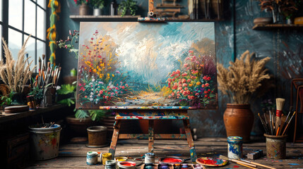 An Artistic and Creative Mockup with Paintbrushes and Palette in an Artist Room with a Sunlight Window