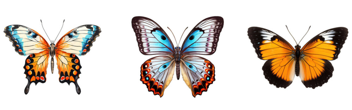 multicolored butterflies set isolated on transparent background