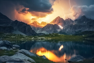 Gewitter, Wetterleuchten im Gebirge bei Nacht, Generative AI - obrazy, fototapety, plakaty
