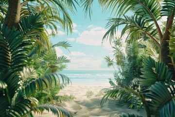 Fototapeta na wymiar Frame with Tropical Plants on a Beach Scene in the Style of Retro Poster Landscape Background created with Generative AI Technology