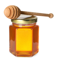 Tasty natural honey in glass jar and dipper isolated on white