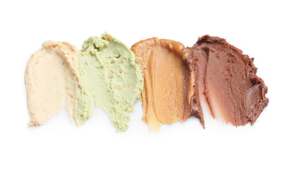 Samples of different nut butters isolated on white