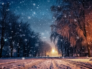 Schneefall in einer Winterlandschaft bei Nacht, Generative AI