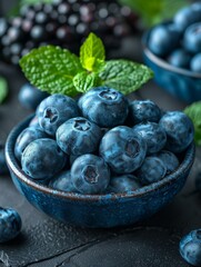 Blue Bowl Filled With Blueberries and Mint Leaves