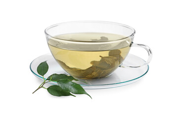 Refreshing green tea in cup and leaves isolated on white