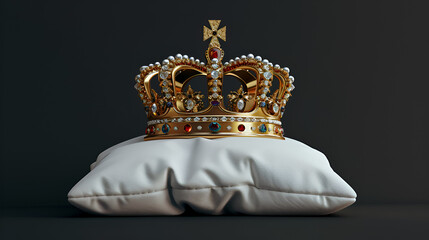 Royal golden crown with jewels on a pillow on White, isolated, Royal golden crown with jewels on pillow on White background, symbols of UK United Kingdom monarchy. Generative Ai 