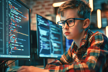 Young boy with glasses engrossed in coding on a computer in a dark room, displaying his focus and early tech skills.