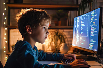 Young boy with glasses engrossed in coding on a computer in a dark room, displaying his focus and early tech skills.