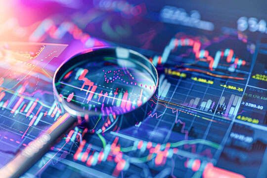 Magnifying glass over a financial graph, highlighting the analysis of market trends and data.