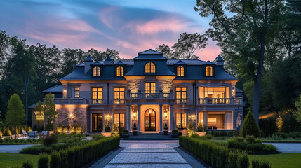 Suburban dream home with a classic-modern exterior, incorporating timeless elements, a grand entrance, and meticulously landscaped gardens - obrazy, fototapety, plakaty